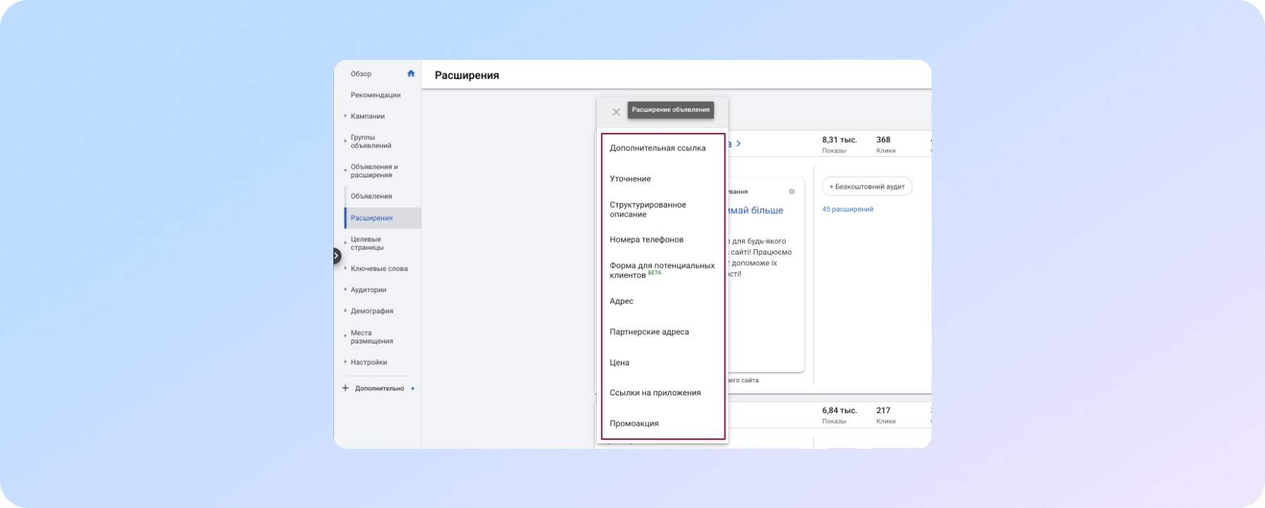 Расширения объявлений в Google Ads