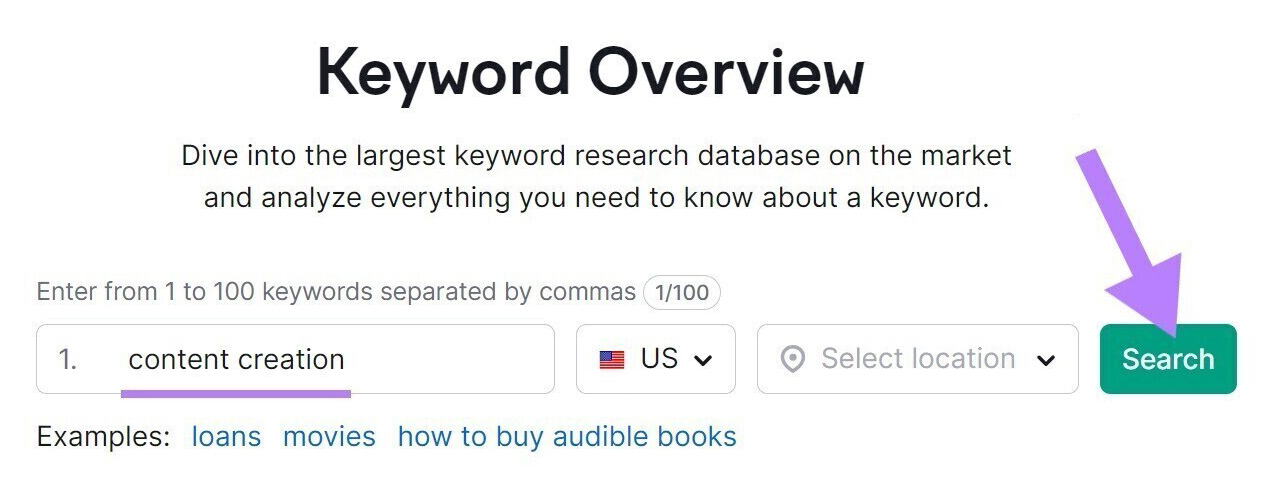 Панель пошуку «Огляд ключових слів» із виділеним ключовим словом «створення контенту» та кнопкою «пошук»