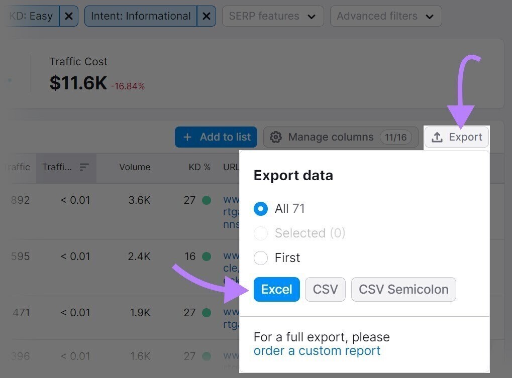 Кнопка «Експорт» с опциями «Excel», «CVS»