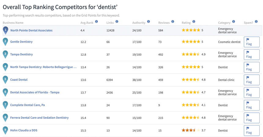 Local Search Grid для сравнения категорий компании конкурентов