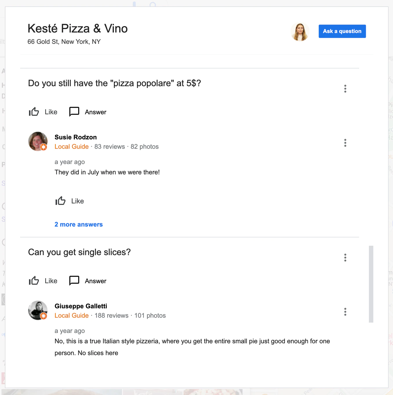 Google Q&A в общедоступном профиле Google My Business