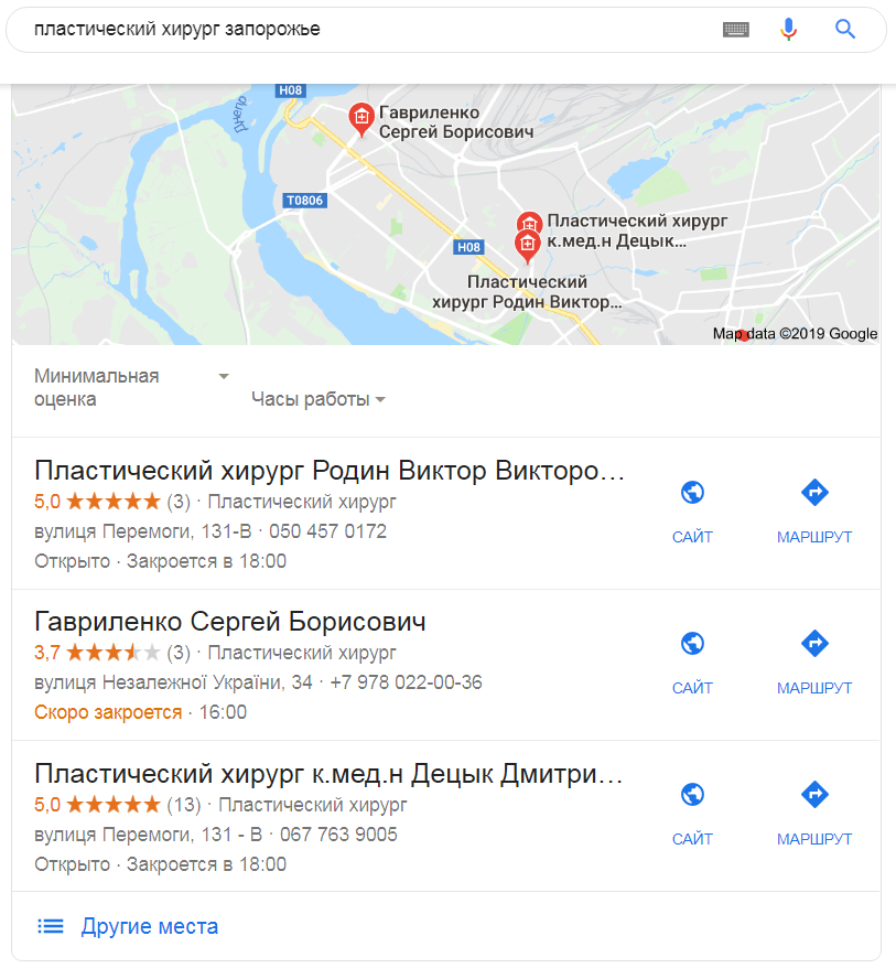 doctor's card on Google maps search results, on «plastic surgeon Zaporozhye»